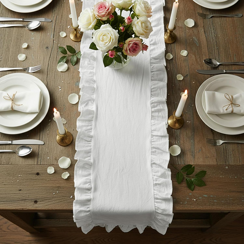 Wedding Supply Rentals - Weihnachts-Tischläufer, 100 % gewaschene Baumwolle, gerüschte